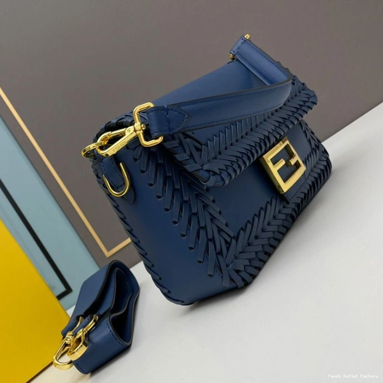 Affordable HOT In Stitching Fendi Baguette Medium Blue Leather Bag 0711